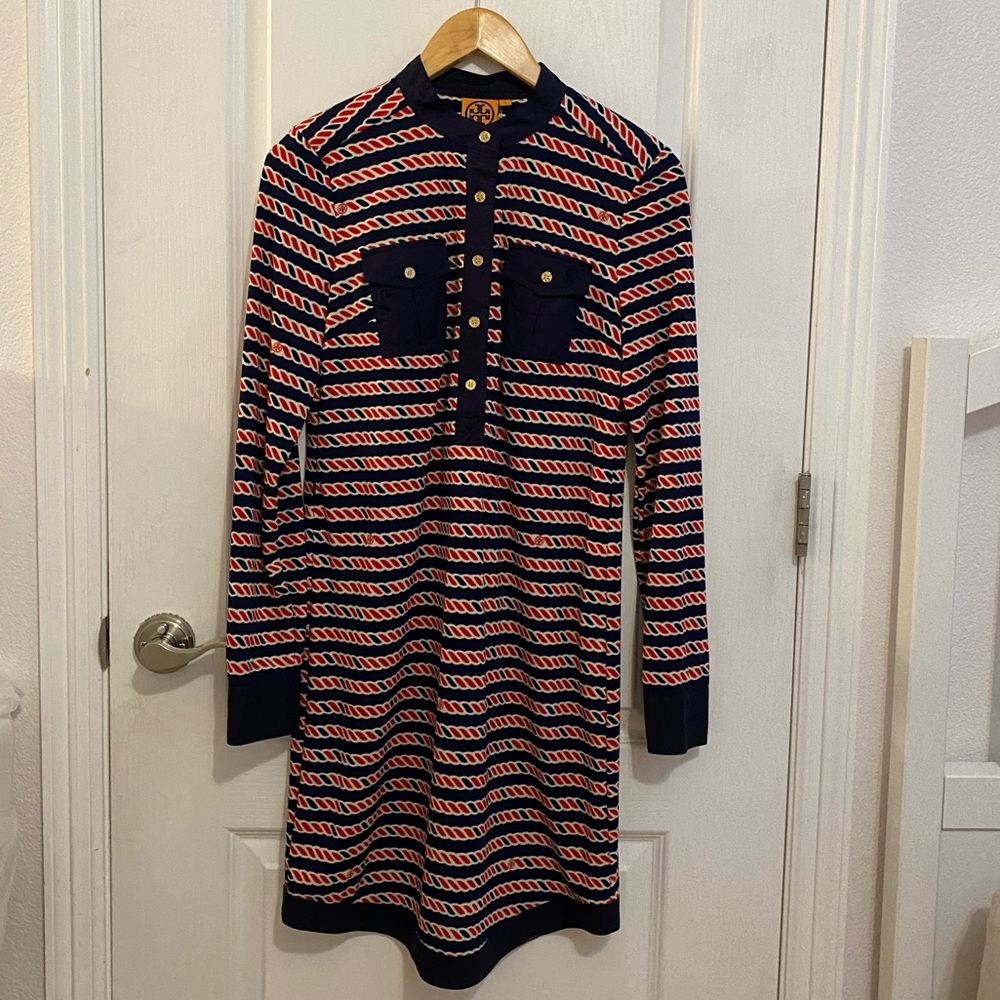 Tory Burch Dress with Red, Navy and White Print and Gold Buttons and Logo Detail